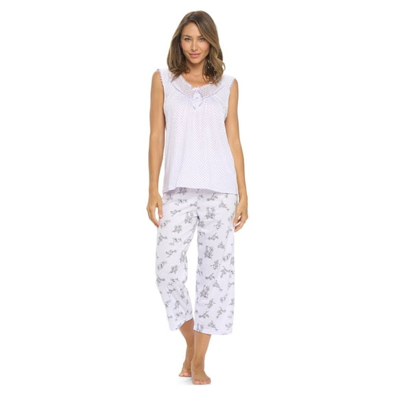 Casual Nights Women's Sleeveles Floral Lace Capri Pajama Set