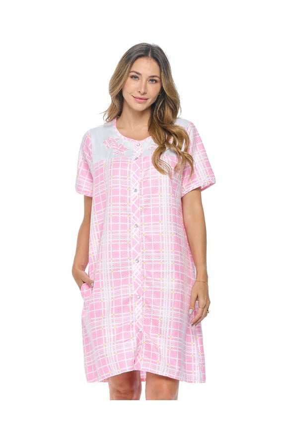 Women's Snap - Front House Dress Short Sleeve Seersucker Woven Housecoat Duster Lounger Robe with Pockets