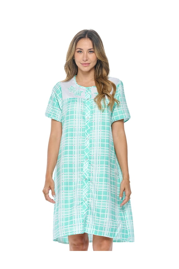 Women's Snap-Front Short Sleeve Seersucker Woven Duster Robe with Pockets