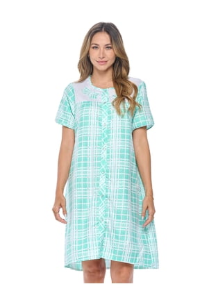 Women's Snap Front House Dress, Lightweight Short Sleeve Cotton-Poly Knit Duster Robe with Pockets, Mid-Calf, Plaid Light Green XX-Large