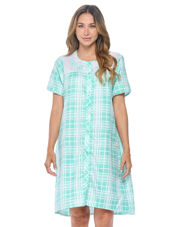 Women's Snap Front House Dress, Lightweight Short Sleeve Cotton-Poly Knit Duster Robe with Pockets, Mid-Calf, Plaid Light Green XX-Large