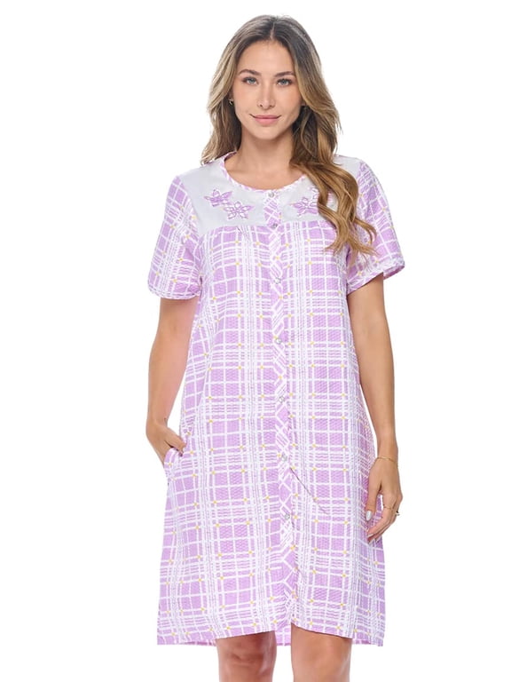 Women's Snap Front House Dress, Lightweight Short Sleeve Cotton-Poly Knit Duster Robe with Pockets, Mid-Calf, Plaid Light Purple 3X