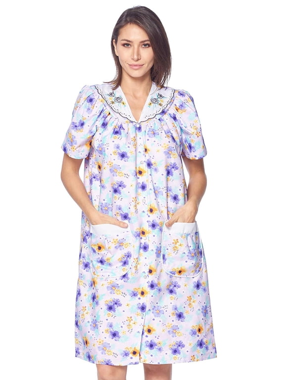 Women's Snap Front House Dress, Lightweight Short Sleeve Cotton-Poly Knit Duster Robe with Pockets, Mid-Calf, Floral Purple 3X