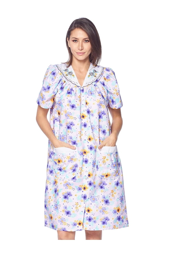Women's Snap Front House Dress, Lightweight Short Sleeve Cotton-Poly Knit Duster Robe with Pockets, Mid-Calf, Floral Purple XX-Large