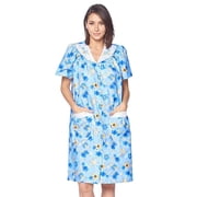 Casual Nights Women's Snap Front House Dress, Lightweight Short Sleeve Cotton-Poly Knit Duster Robe with Pockets, Mid-Calf, Floral Blue Small