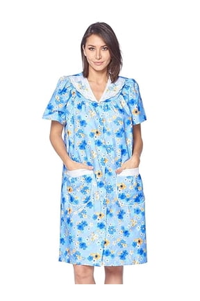 Women's Snap Front House Dress, Lightweight Short Sleeve Cotton-Poly Knit Duster Robe with Pockets, Mid-Calf, Floral Blue Small
