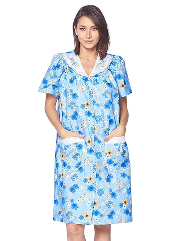 Women's Snap Front House Dress, Lightweight Short Sleeve Cotton-Poly Knit Duster Robe with Pockets, Mid-Calf, Floral Blue 3X