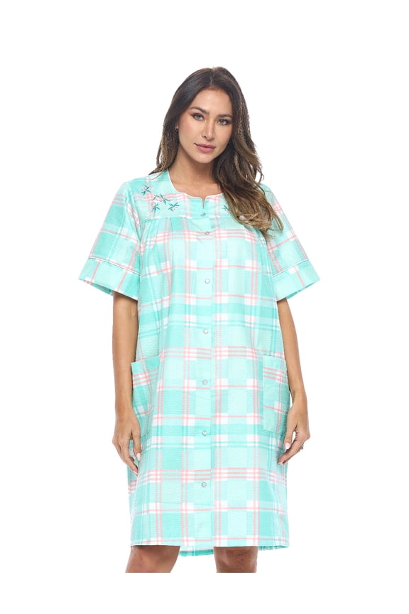 Women's Snap Front House Dress Short Sleeve Woven Duster Housecoat Lounger Sleep Gown