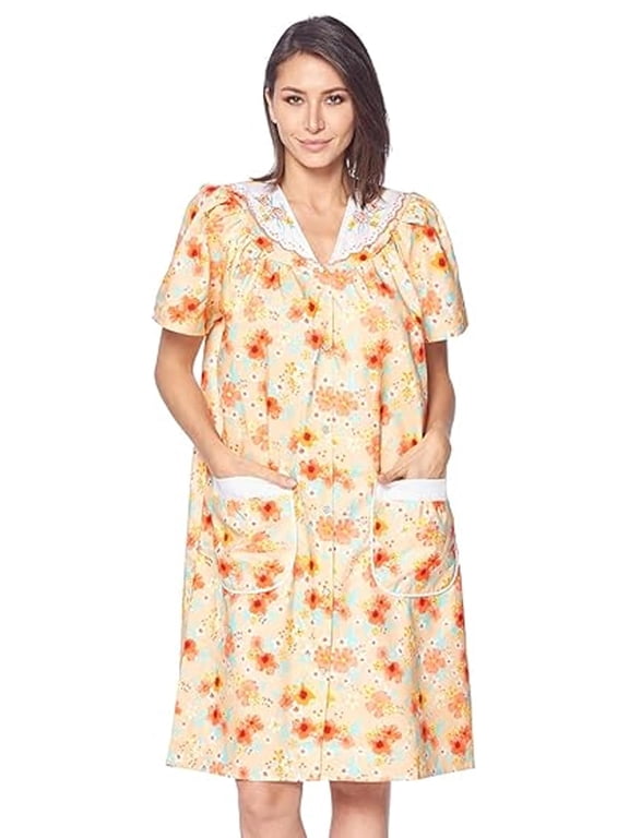 Women's Snap Front House Dress, Lightweight Short Sleeve Cotton-Poly Knit Duster Robe with Pockets, Mid-Calf, Floral Peach Small