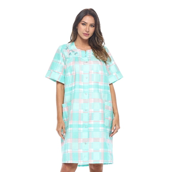 Casual Nights Women's Snap Front House Dress Short Sleeve Woven Duster Housecoat Lounger Sleep Gown