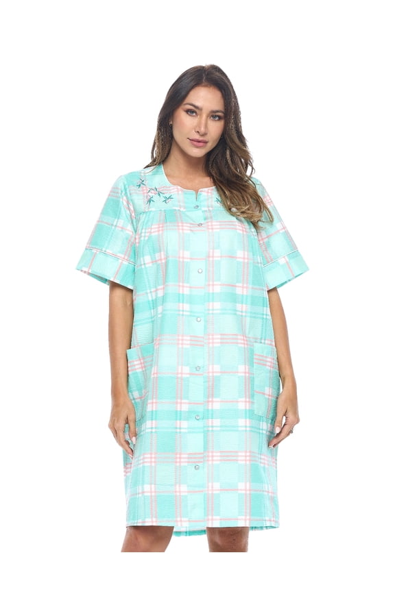 Women's Snap Front House Dress Short Sleeve Woven Duster Housecoat Lounger Sleep Gown