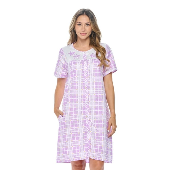 Casual Nights Women's Snap Front House Dress Short Sleeve Woven Duster Housecoat Lounger Sleep Gown