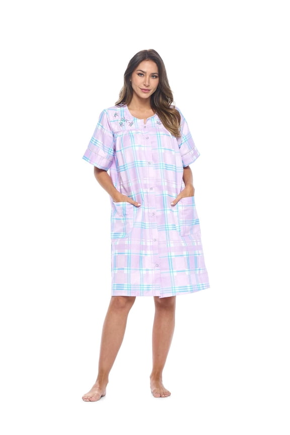 Women's Snap Front Lightweight Housecoat, Short Sleeve House Dress Duster Lounger Robe with Pockets, Cotton Poly Knit, Mid Calf, Plaid Purple 3X