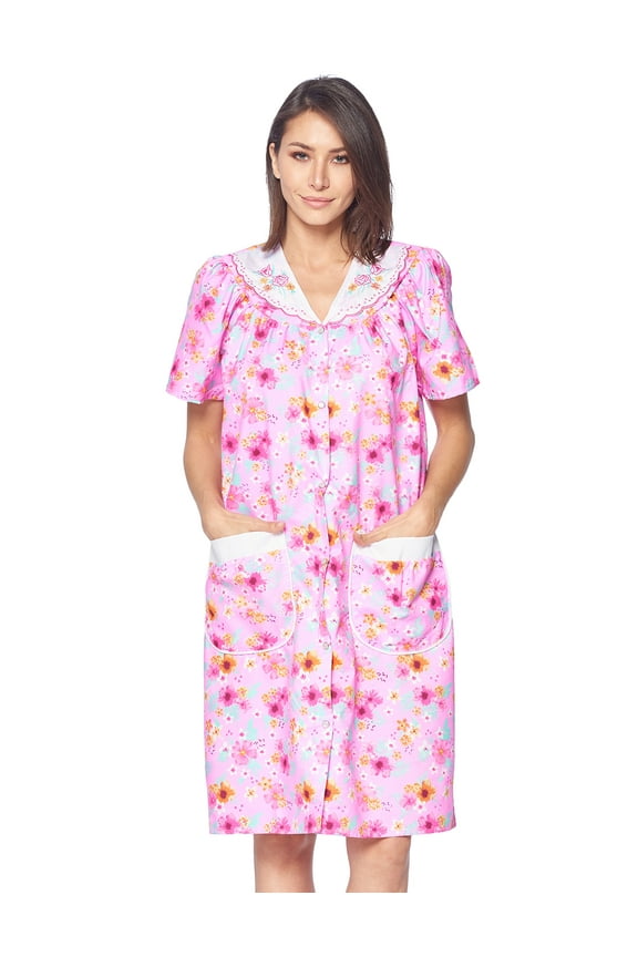 Women's Snap Front House Dress Short Sleeve Woven Duster Lounger Sleep Gown