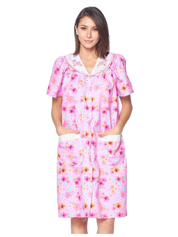 Women's Snap Front House Dress, Lightweight Short Sleeve Cotton-Poly Knit Duster Robe with Pockets, Mid-Calf, Floral Pink Medium
