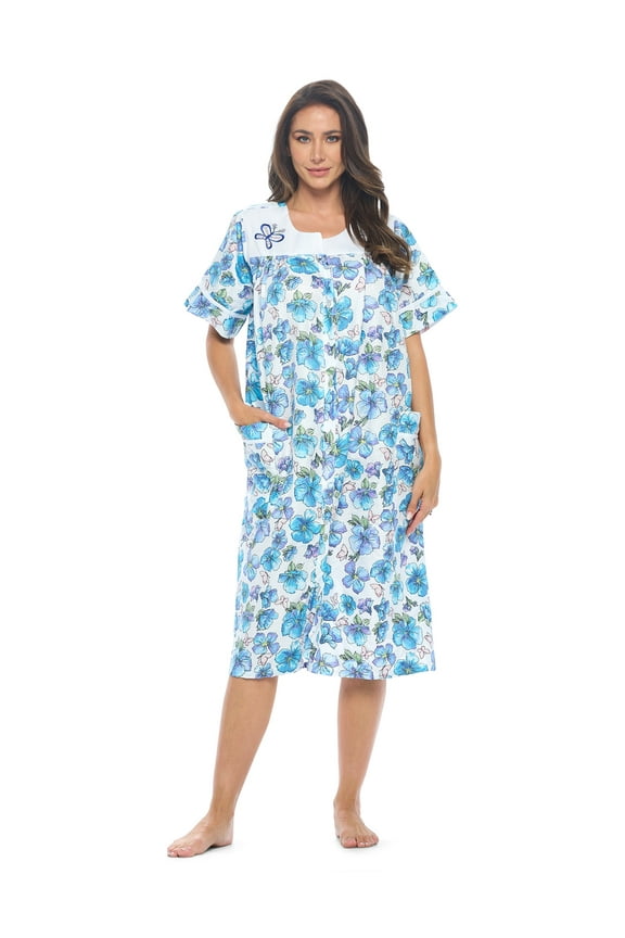 Women's Snap - Front House Dress Short Sleeve Woven Housecoat Duster Lounger Robe with Pockets