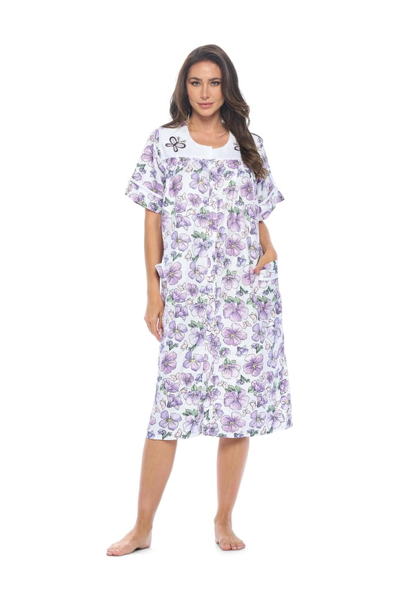 Women's Snap Front Lightweight Housecoat | Short Sleeve House Dress Duster Lounger Robe with Pockets | Cotton Poly Knit, Mid Calf | Purple Butterfly XX-Large