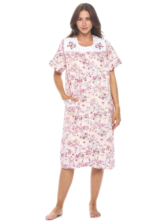 Women's Snap Front House Dress, Lightweight Short Sleeve Cotton-Poly Knit Duster Robe with Pockets, Mid-Calf, Pink Floral XX-Large
