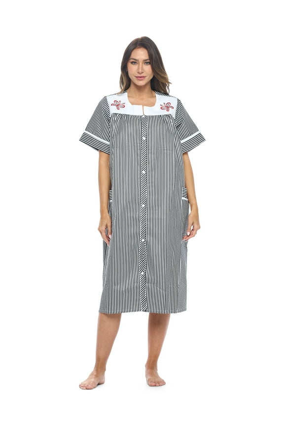 Women's Snap-Front House Dress Short Sleeve Woven Housecoat Duster Lounger Robe with Pockets