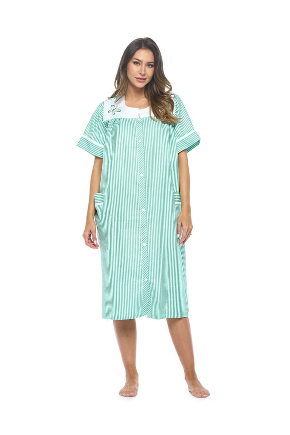 Women's Snap - Front House Dress Short Sleeve Woven Housecoat Duster Lounger Robe with Pockets