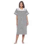 Casual Nights Women's Snap Front Lightweight Housecoat | Short Sleeve House Dress Duster Lounger Robe with Pockets | Cotton Poly Knit, Mid Calf | Black Stripe X-Large