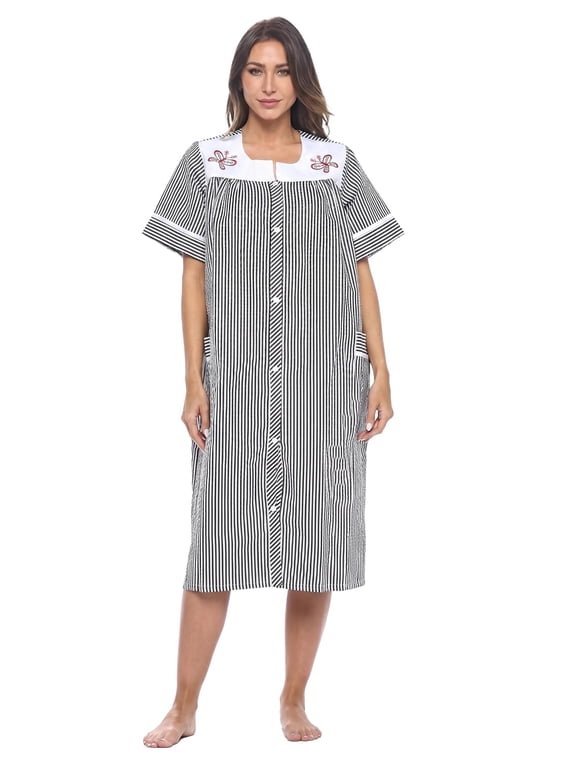 Women's Snap Front House Dress, Lightweight Short Sleeve Cotton-Poly Knit Duster Robe with Pockets, Mid-Calf, Black Stripe XX-Large