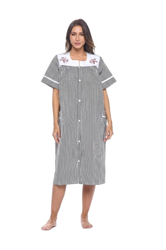 Women's Snap Front Lightweight Housecoat, Short Sleeve House Dress Duster Lounger Robe with Pockets, Cotton Poly Knit, Mid Calf, Black Stripe X-Large