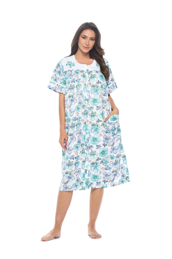Women's Snap Front Lightweight Housecoat | Short Sleeve House Dress Duster Lounger Robe with Pockets | Cotton Poly Knit, Mid Calf | Green Teal Butterfly - XX-Large