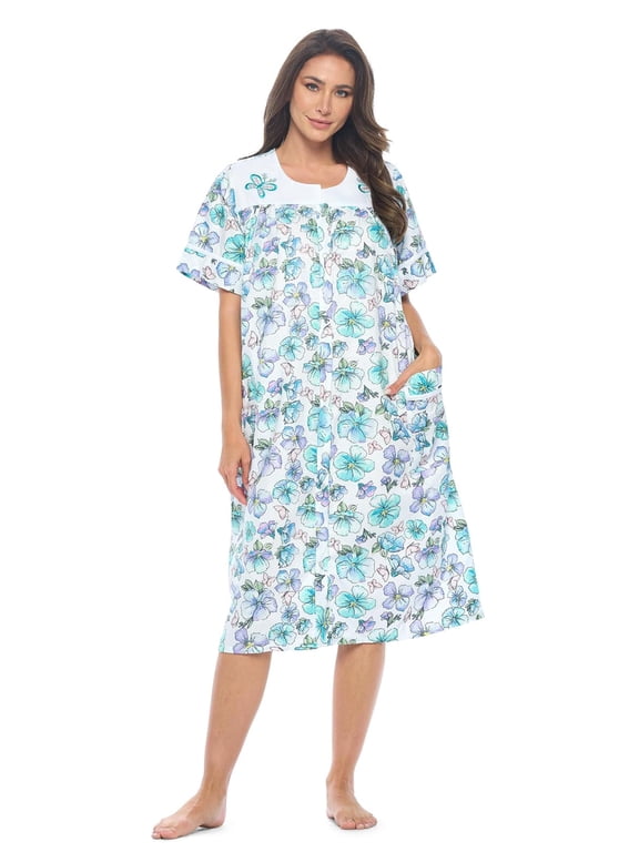 Women's Snap Front House Dress, Lightweight Short Sleeve Cotton-Poly Knit Duster Robe with Pockets, Mid-Calf, Green Teal Butterfly X-Large