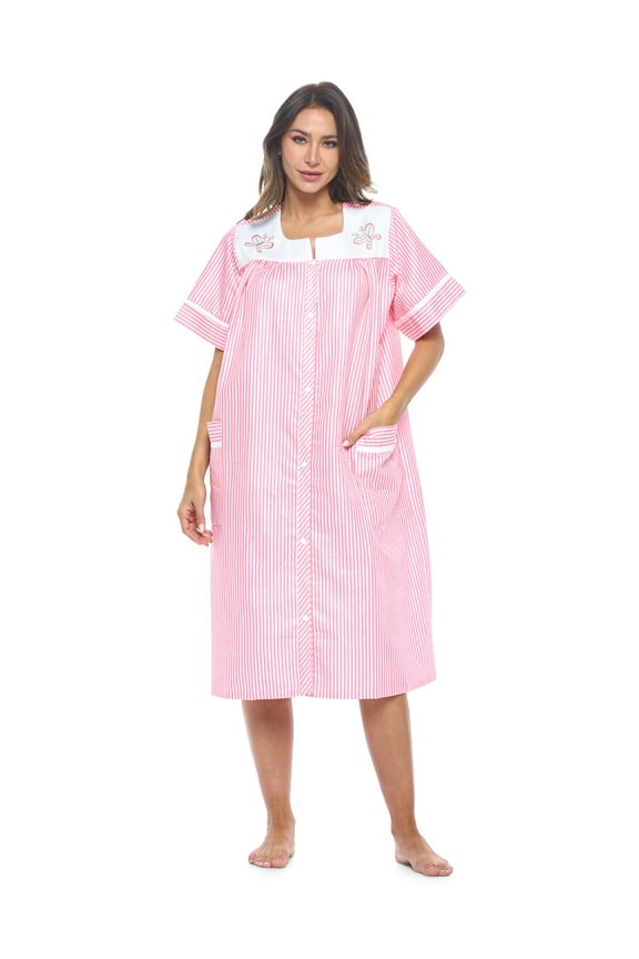 Women's Snap-Front Short Sleeve Cotton Duster Housecoat with Pockets