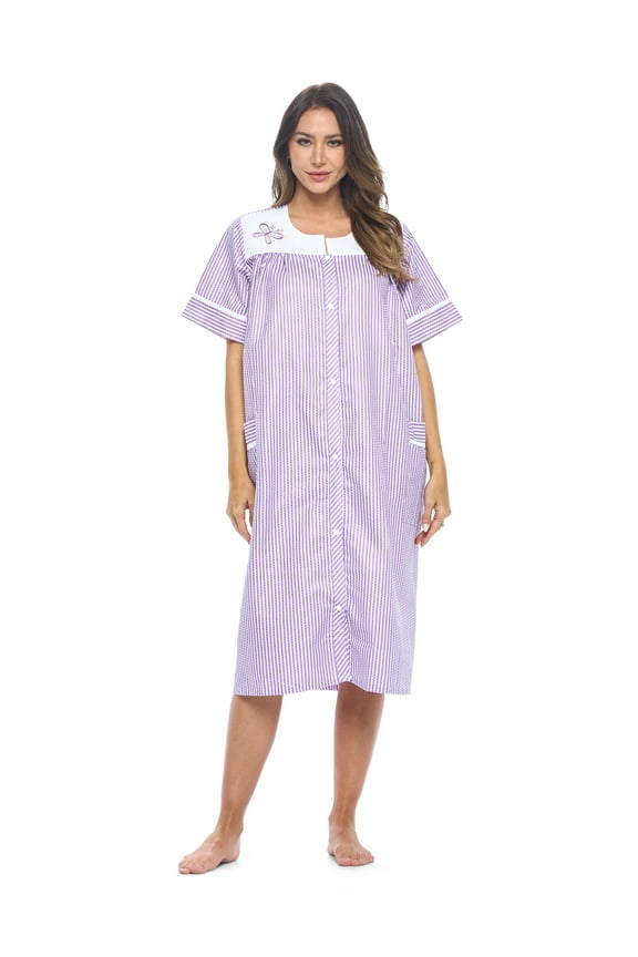 Women's Button-Down Short Sleeve Cotton Duster Robe with Pockets