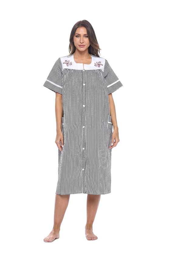 Women's Snap Front Lightweight Housecoat | Short Sleeve House Dress Duster Lounger Robe with Pockets | Cotton Poly Knit, Mid Calf | Black Stripe XX-Large