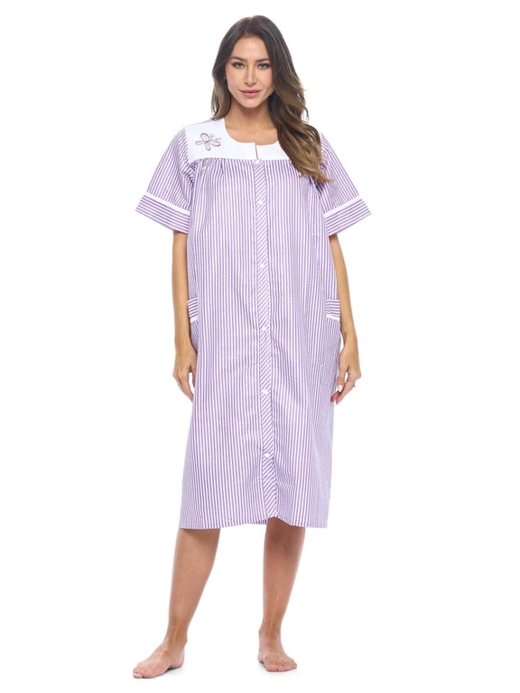 Women's Snap Front House Dress, Lightweight Short Sleeve Cotton-Poly Knit Duster Robe with Pockets, Mid-Calf, Purple Stripe 4X