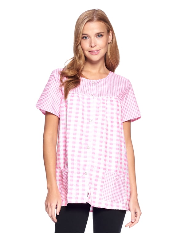 Women's Snap Front Smock Cobbler Woven Scrub Apron Top with Pockets