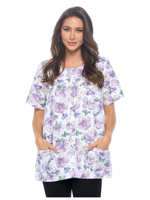 Women's Snap Front Smock Cobbler Woven Scrub Apron Top with Pockets