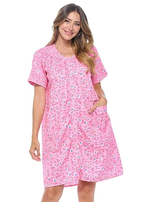 Women's Snap Front House Dress, Lightweight Short Sleeve Cotton-Poly Knit Duster Robe with Pockets, Mid-Calf, Garden Pink X-Large