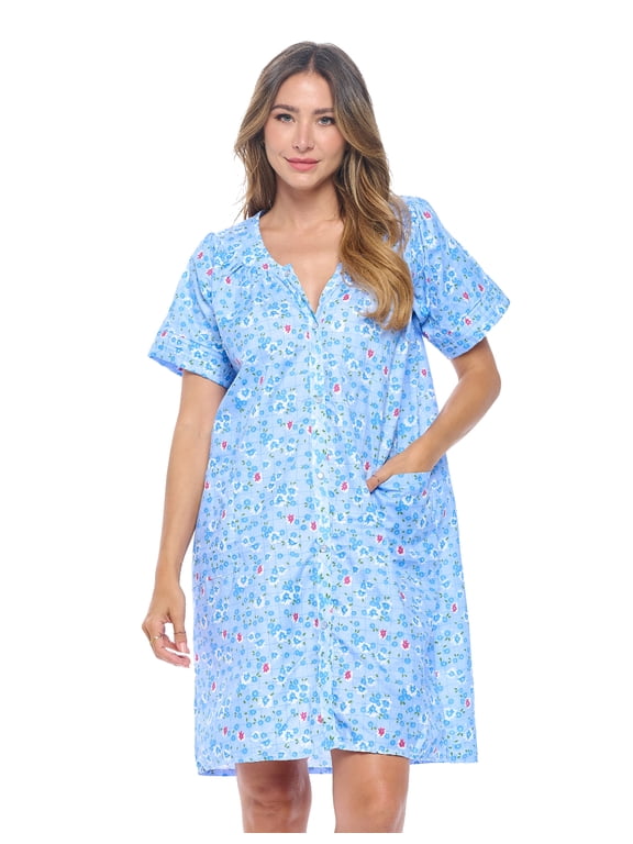 Women's Snap front House Dress Short Sleeve Woven Duster Housecoat Lounger Sleep Dress