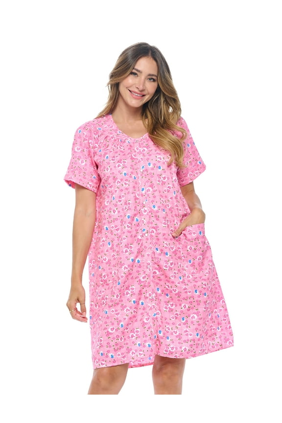 Women's Snap front House Dress Short Sleeve Woven Duster Housecoat Lounger Sleep Dress