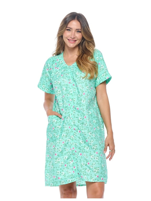 Women's Snap front House Dress Short Sleeve Woven Duster Housecoat Lounger Sleep Dress