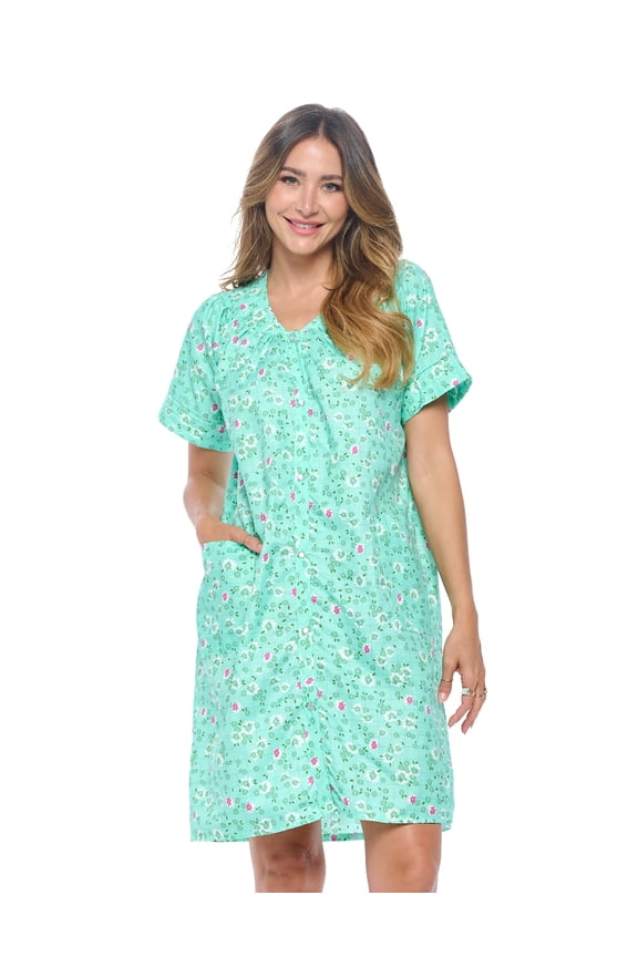 Women's Snap front House Dress Short Sleeve Woven Duster Housecoat Lounger Sleep Dress