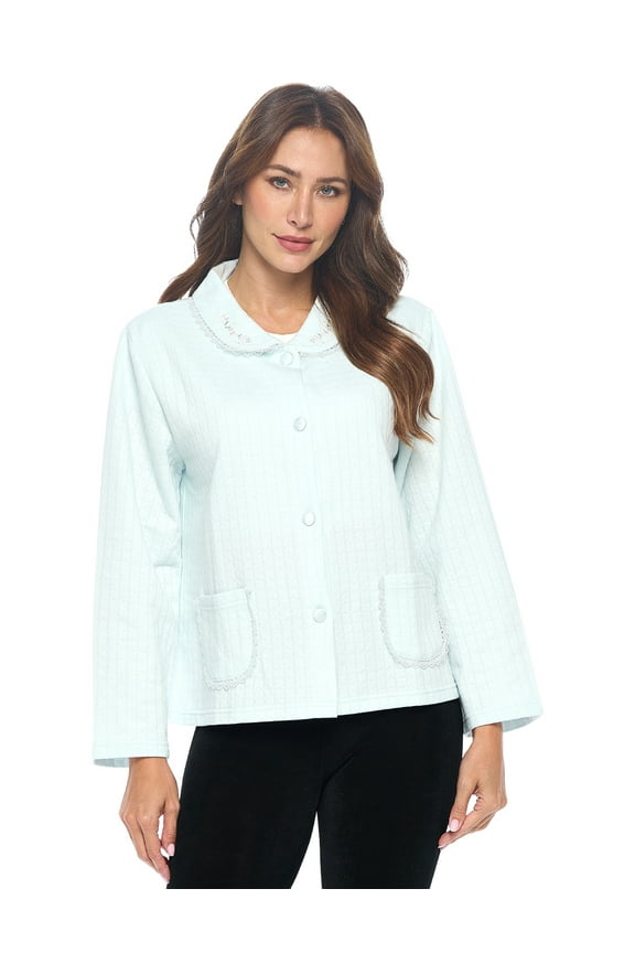 Women's Soft Bed Jacket, Button Front Long Sleeve Sleep Top with Pockets