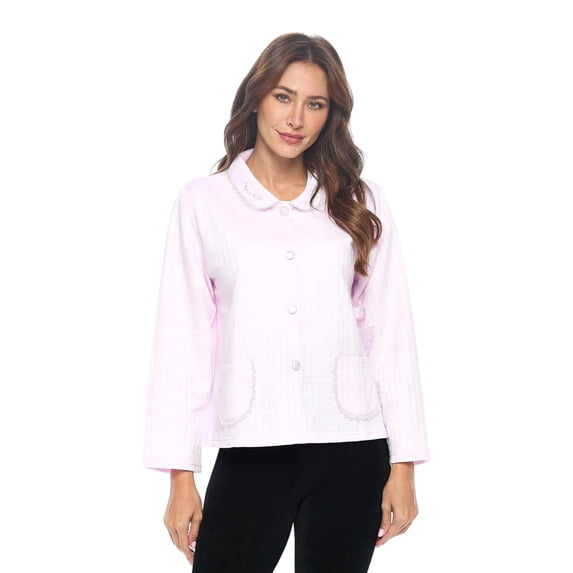Casual Nights Women's Bed Jacket, Lightweight Cotton Blend Button Front Sleep Top With Pockets, Quilted Lounge Jacket With Lace Trim, Lilac Purple 3X