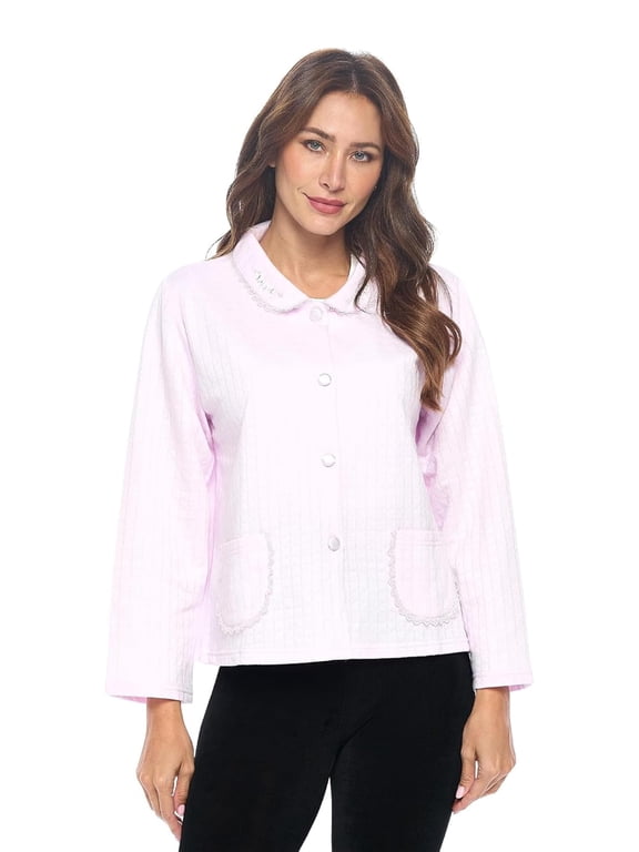 Women's Bed Jacket, Lightweight Cotton Blend Button Front Sleep Top With Pockets, Quilted Lounge Jacket With Lace Trim, Lilac Purple XXL