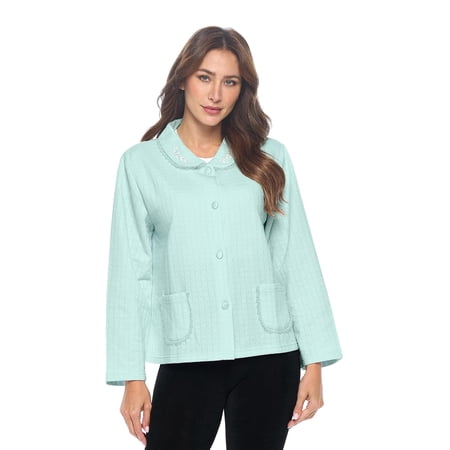 Casual Nights Women's Bed Jacket, Lightweight Cotton Blend Button Front Sleep Top With Pockets, Quilted Lounge Jacket With Lace Trim, Mint Green XL
