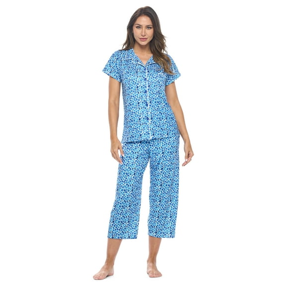 Casual Nights Women's Super Soft Capri Pajamas Set, Short Sleeve Button Down Shirt with Pants PJ Set with Pockets