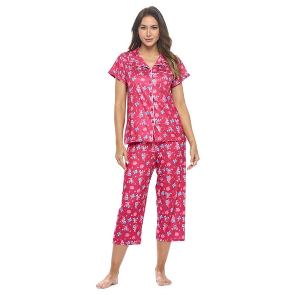 Casual Nights Women's Super Soft Capri Pajamas Set, Short Sleeve Button Down Shirt with Pants PJ Set with Pockets