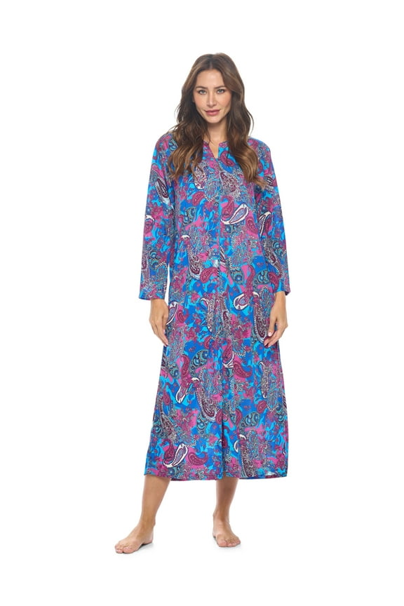 Women's Zip-Front Lounger Robe Long Duster Housecoat with Pockets