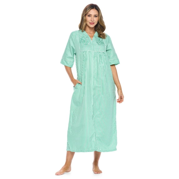 Casual Nights Women's Zip Front Seersucker House Dress 3/4 Sleeves Housecoat Long Duster Lounger