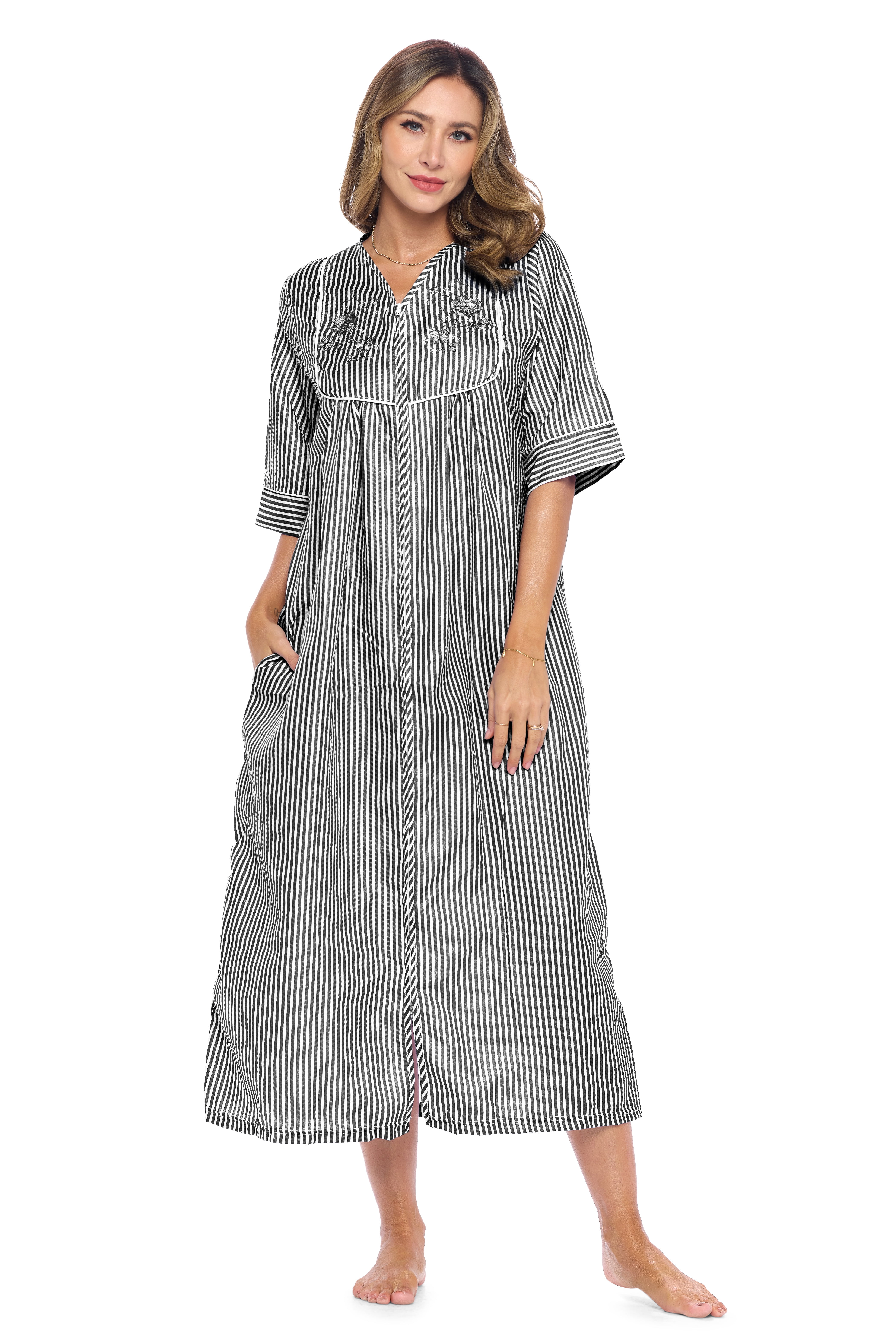 Casual Nights Women's Zip Front Seersucker House Dress 3/4