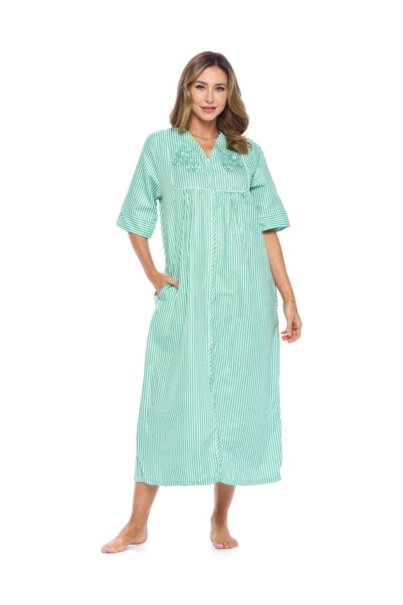 Women's Zip Front Seersucker House Dress 3/4 Sleeves Housecoat Long Duster Lounger